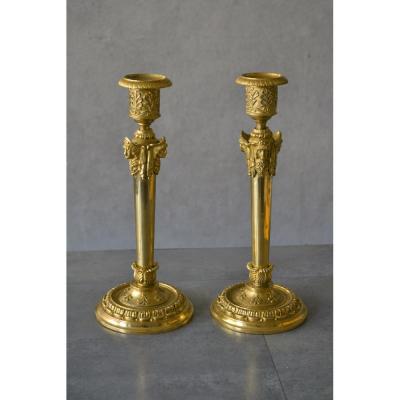 Pair Of Gilt Bronze Candlesticks - Russia Early 19th Century