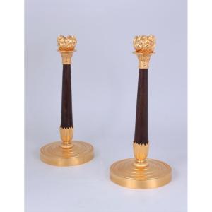 An Empire Pair Of Gilt Bronze And Patinated Candlesticks - Circa 1805