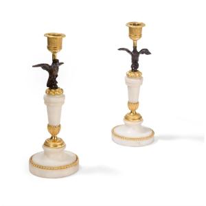 A Pair Of Empire Ormolu And Withe Marble Candlesticks