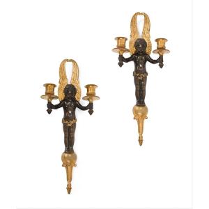 A Pair Of Empire Ormolu And Patinated  Wall Lights