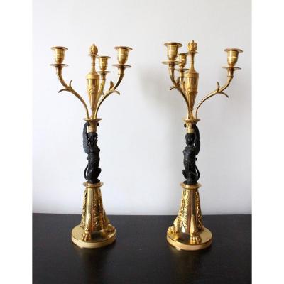 A Pair  Of Consulat Period Gilt Bronze And Patinated  Candelabra.