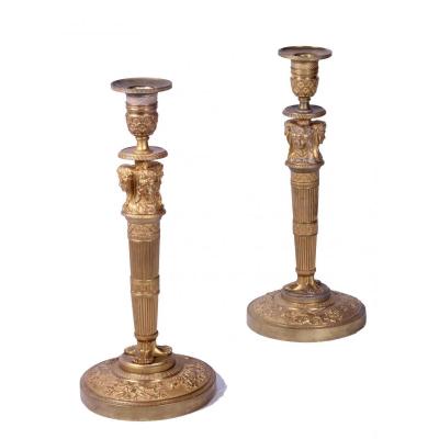 A Pair Of Empire Gilt Bronze Candlesticks