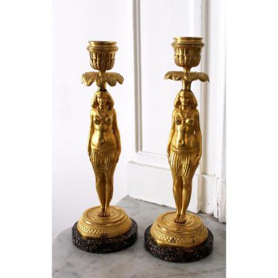 A Pair Of Swedish Ormolu Bronze And Porphyry Candlesticks Circa 1800