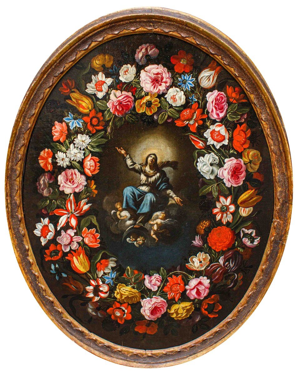 Giovanni Stanchi Et Girolamo Pesci, Vierge Immaculée Dans Une Guirlande Florale