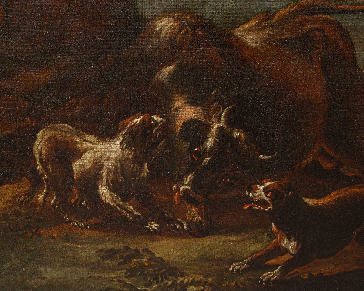 Giovanni Crivelli Dit Le Crivellino ( ? - 1760),  Lutte Entre Chiens Et Bison -photo-3