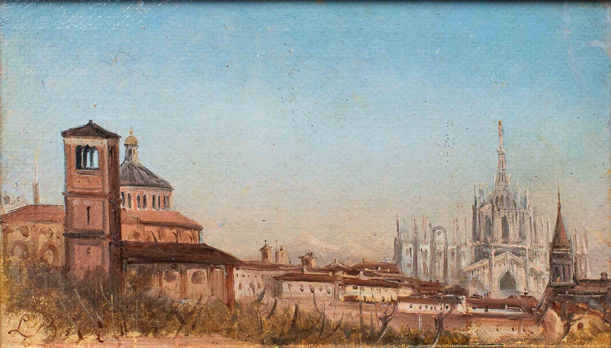 Louis Bisi (milan 1814-1886)  Vue De Milan Avec La Cathédrale Et L’église De San Celso  Huile S-photo-2