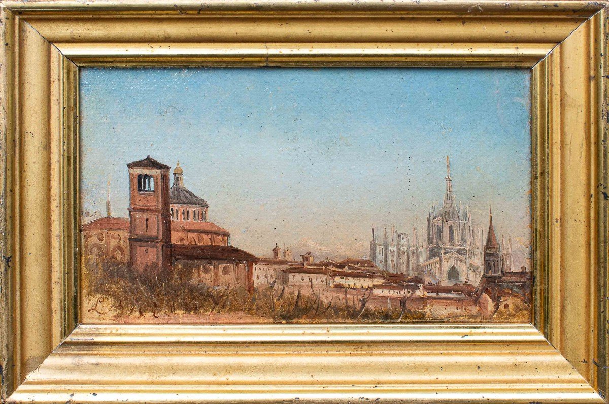 Louis Bisi (milan 1814-1886)  Vue De Milan Avec La Cathédrale Et L’église De San Celso  Huile S