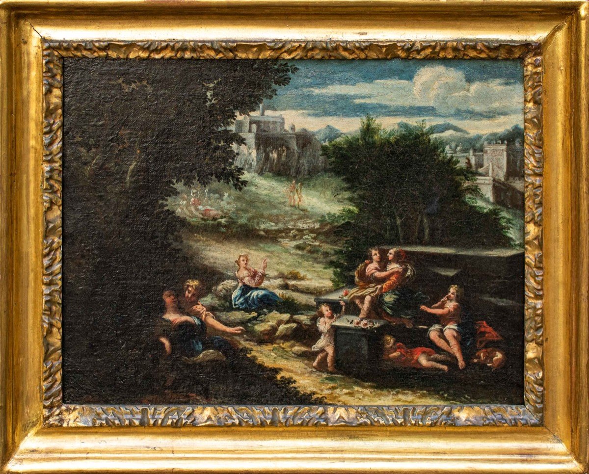 17th Century, Emilian School, Rural Landscape With Gallant Scenes