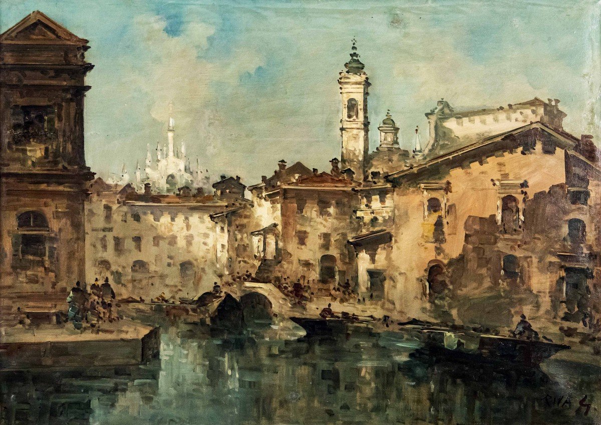 Giuseppe Riva (1834 -  1916), View Of The Naviglio With The Duomo -photo-2
