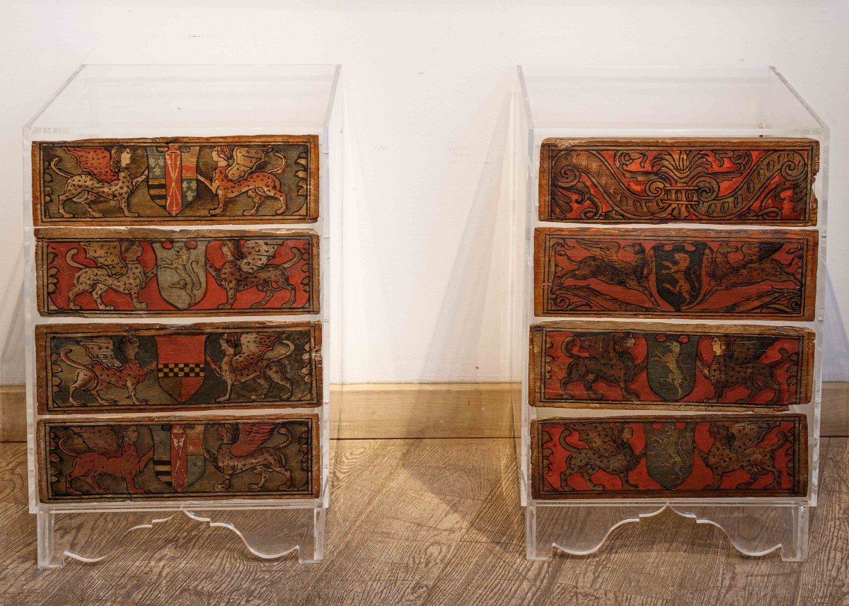 Northern Italy, 15th Century, Bedside Tables With Tiles With Coats Of Arms