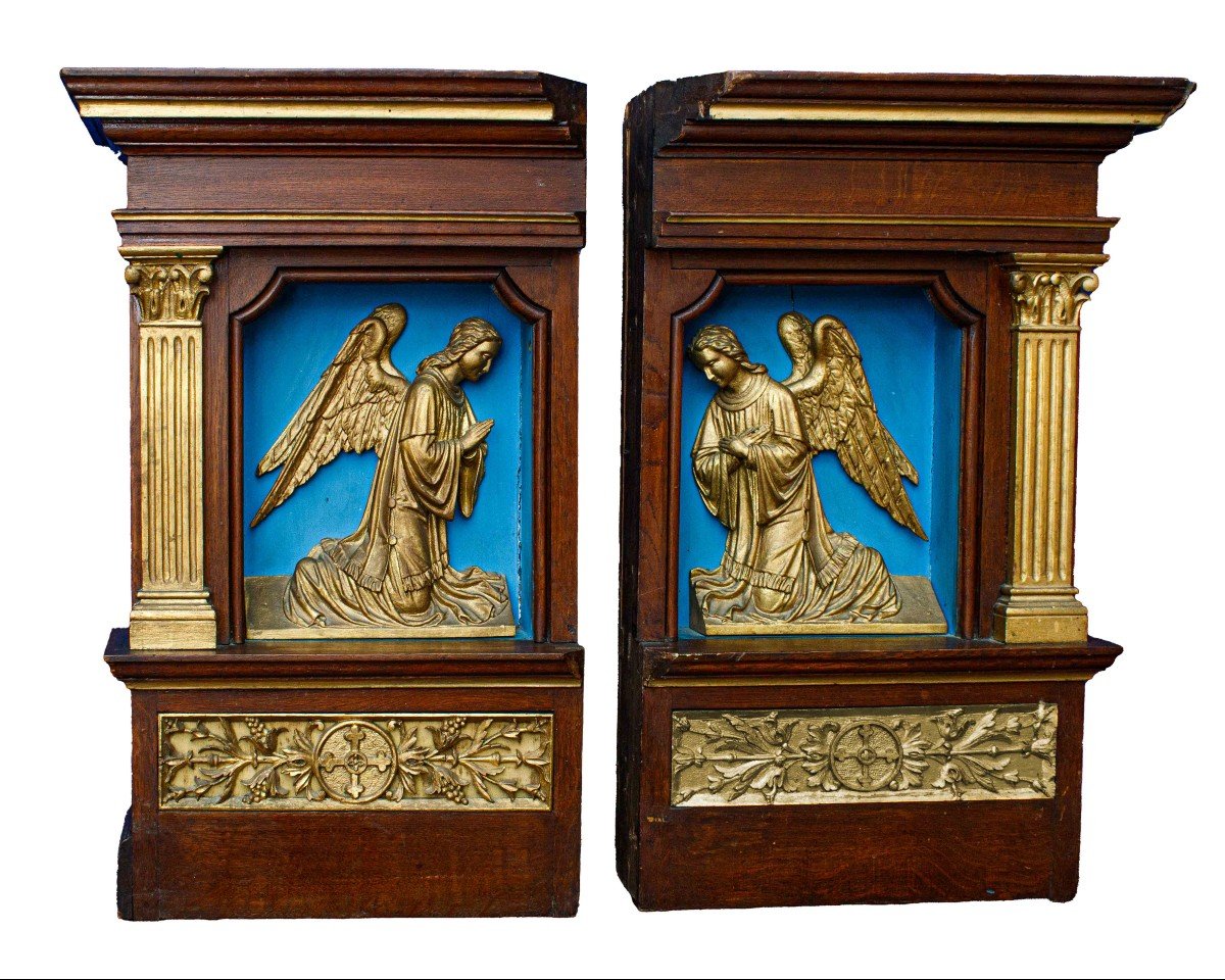 19th Century, Couple Of Niches With Bas-reliefs Of Archangels