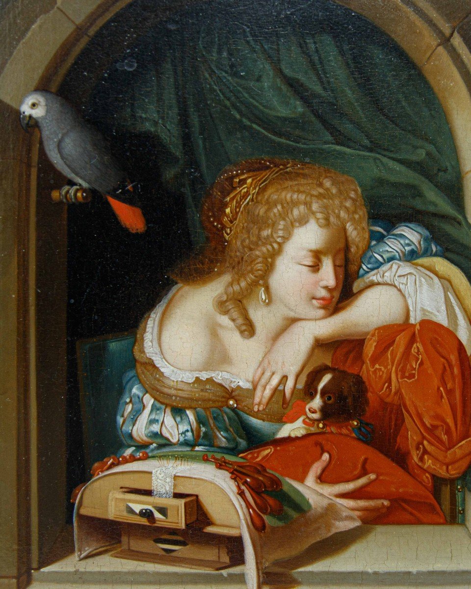 Matthijs Naiveu (leyde, 1647 - Amsterdam, 1726), Femme Avec Chien à La Fenêtre-photo-2