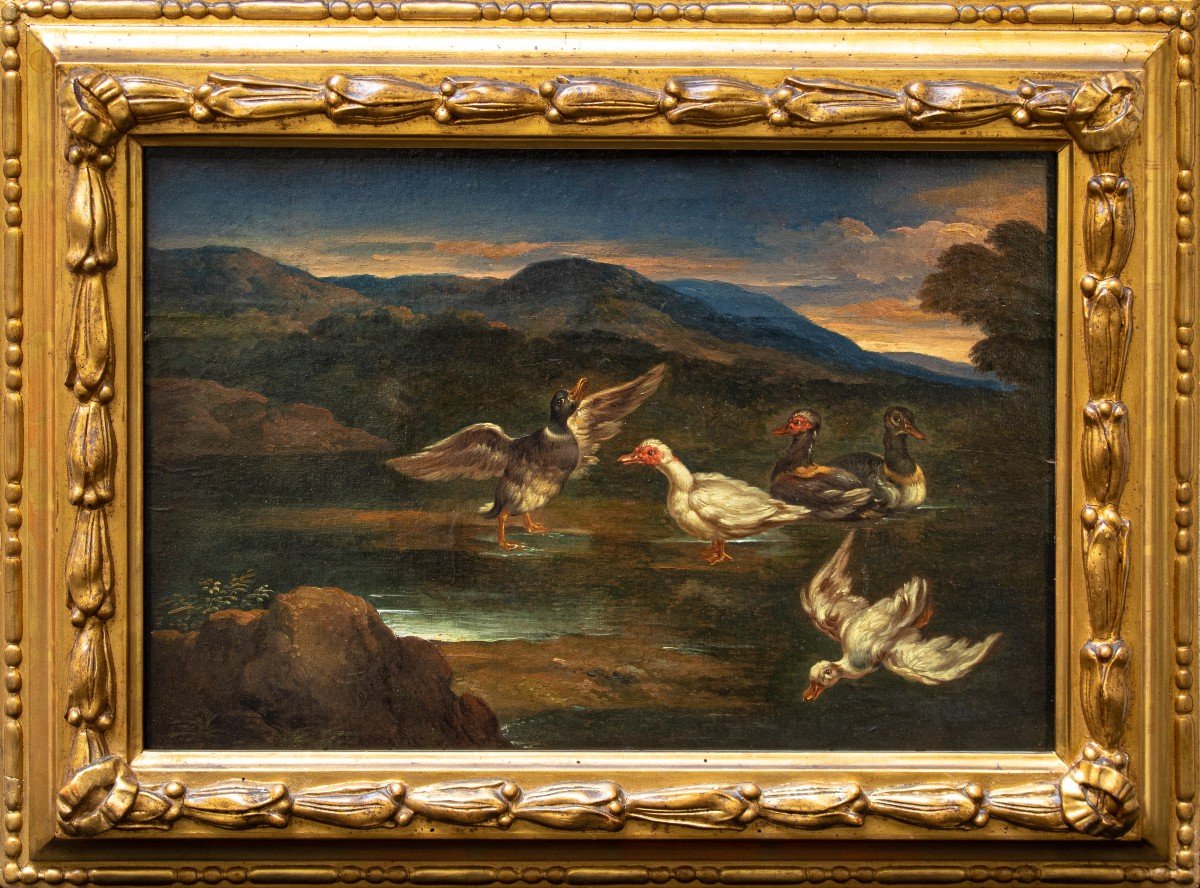 Pieter Mulier (haarlem, 1637 - Milan, 1701), Attr., Couple Of Landscapes With Ducks And Goats-photo-3