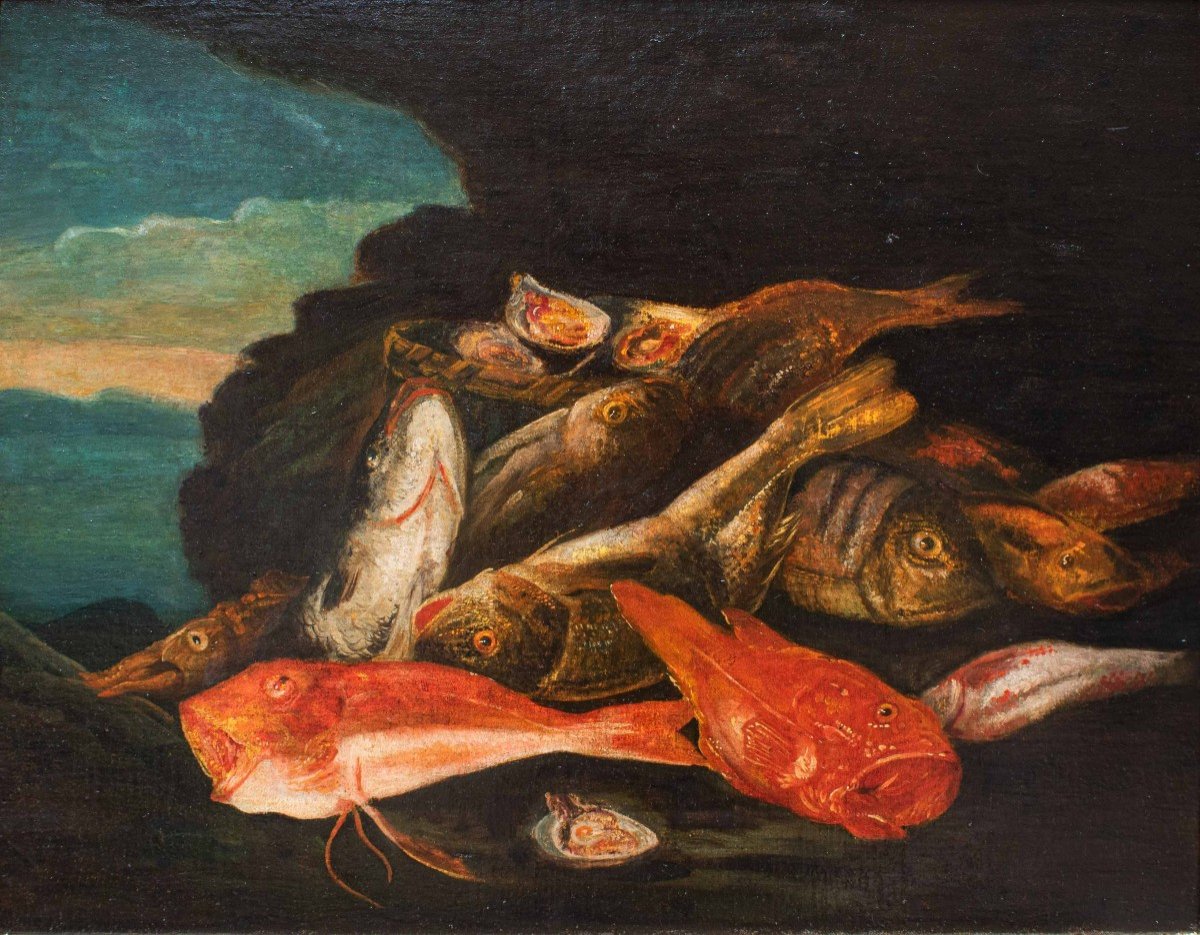 école Napolitaine, 17ème Siècle, Nature Morte Avec Des Poissons-photo-2