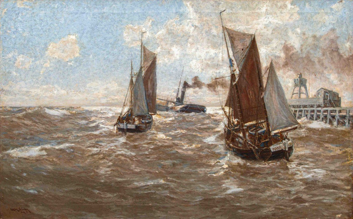 Erwin Carl Wilhelm Günther (1864 - 1927), Bateaux à Vapeur Et Voiliers Sur La Mer-photo-3