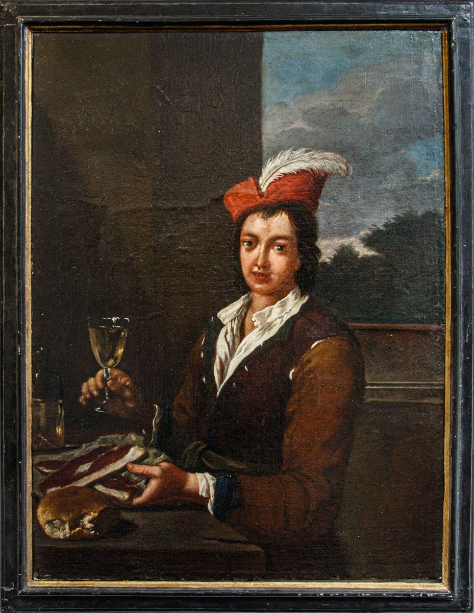 Antonio Amorosi (comunanza, 1660 - Rome 1738)  Portrait De Jeune Homme Avec Verre De Vin