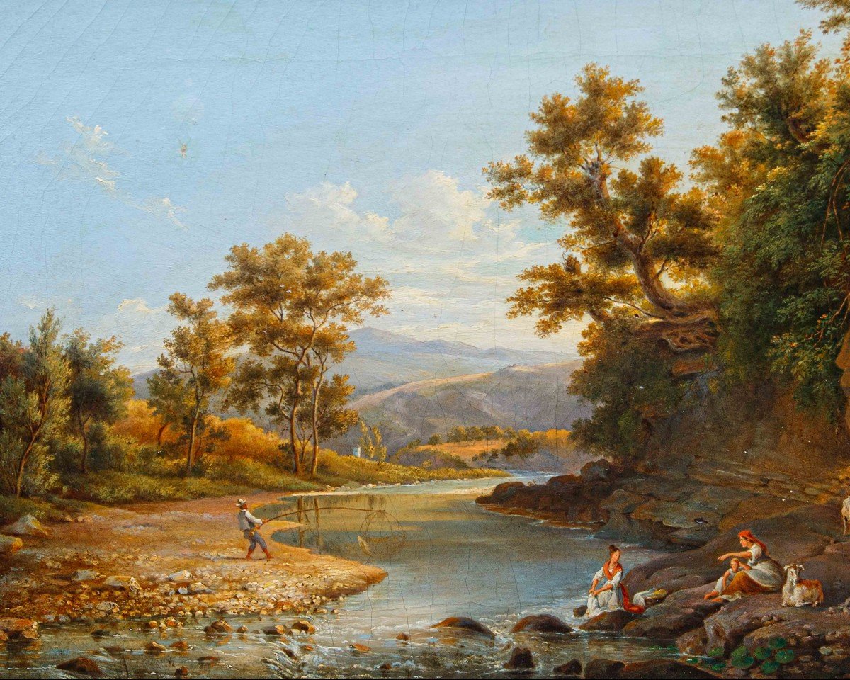 Pietro Della Valle (livorno, 1819 - Florence, 1880), Landscape With Shepherdess And Fisherman-photo-2