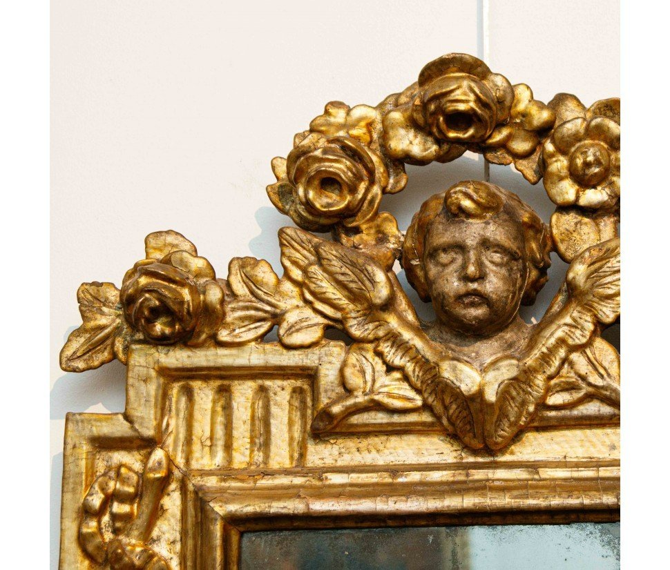 Italie Centrale, Louis XVI, Miroir Avec Cimasa Sculptée En Forme De Putto-photo-2