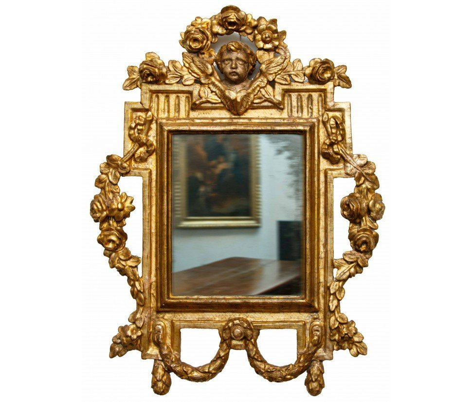 Italie Centrale, Louis XVI, Miroir Avec Cimasa Sculptée En Forme De Putto