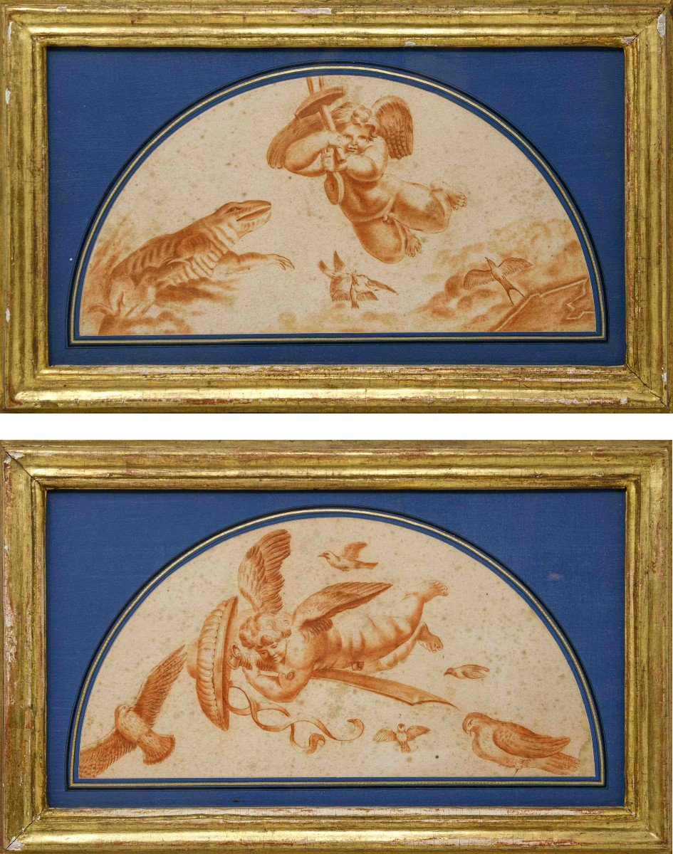 XIX Century, Pair Of Lunettes With Angels And Animals