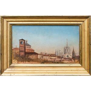 Louis Bisi (milan 1814-1886)  Vue De Milan Avec La Cathédrale Et L’église De San Celso  Huile S