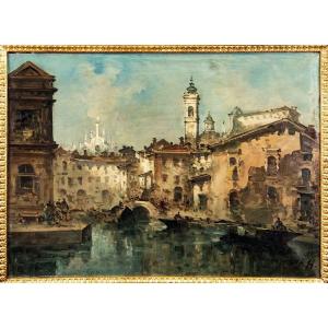 Giuseppe Riva (1834 -  1916), View Of The Naviglio With The Duomo 