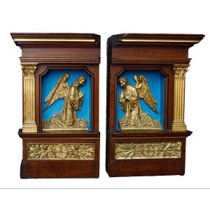 19th Century, Couple Of Niches With Bas-reliefs Of Archangels