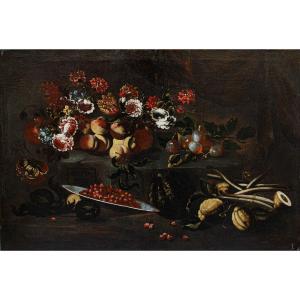 Lombardy School, 17th Century, Still Life With Flowers, Fruits And Asparagus