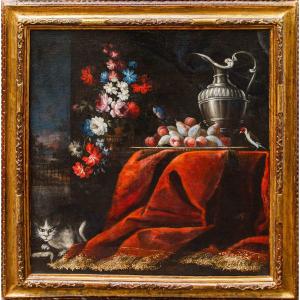 Nature Morte Avec Fleurs, Fruits Et Chat