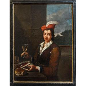 Antonio Amorosi (comunanza, 1660 - Rome 1738)  Portrait De Jeune Homme Avec Verre De Vin