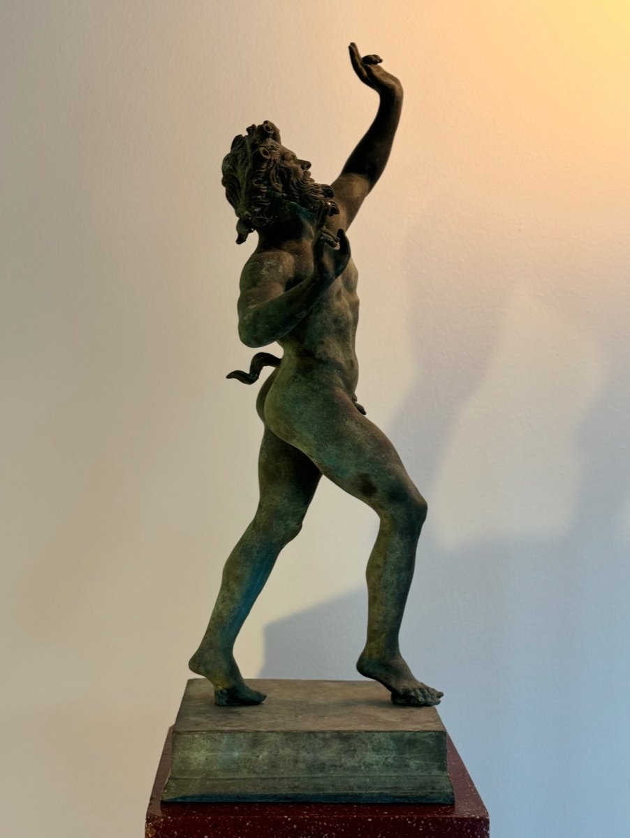 Sculpture XIXe Siècle - Faune Dansant De Pompéi En Bronze à Patine Verte (d'après l'antique)-photo-3