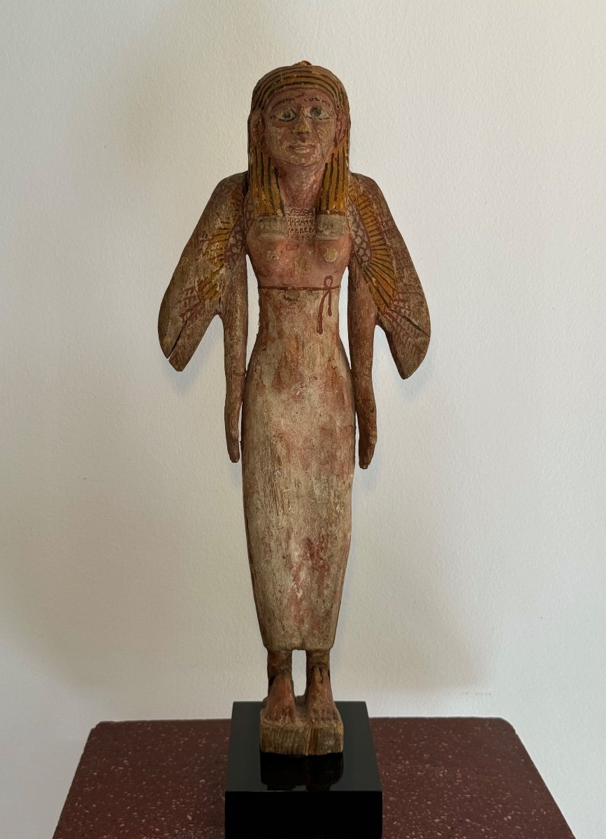 Statuette Funéraire d'Isis En Bois Enduit Polychrome égypte Basse époque Archéologie Antique