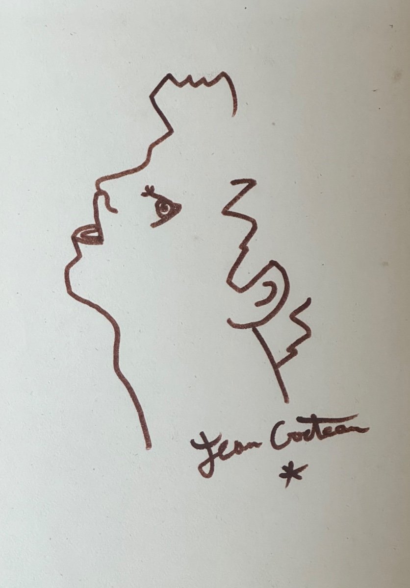 Jean Cocteau- Dessin au feutre-Profil d'un jeune homme, signé