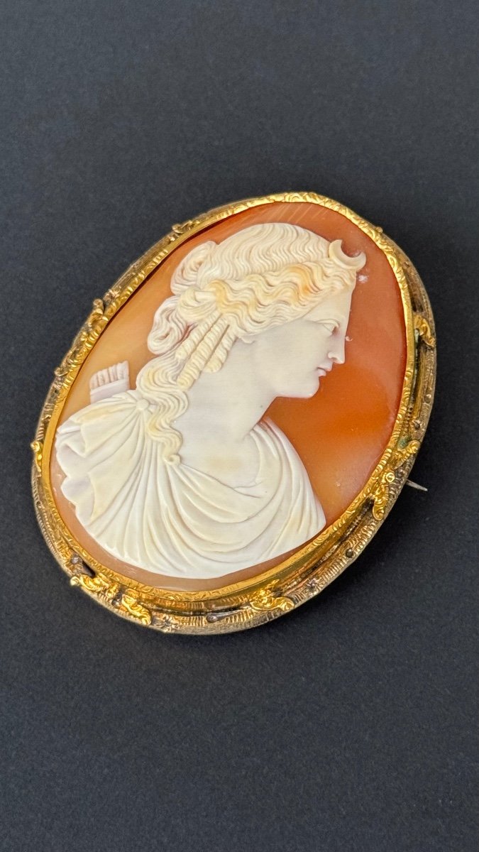 Broche En Pomponne Ciselé Ornée d'Un Camée Coquille Présentant Le Profil d'Artemis