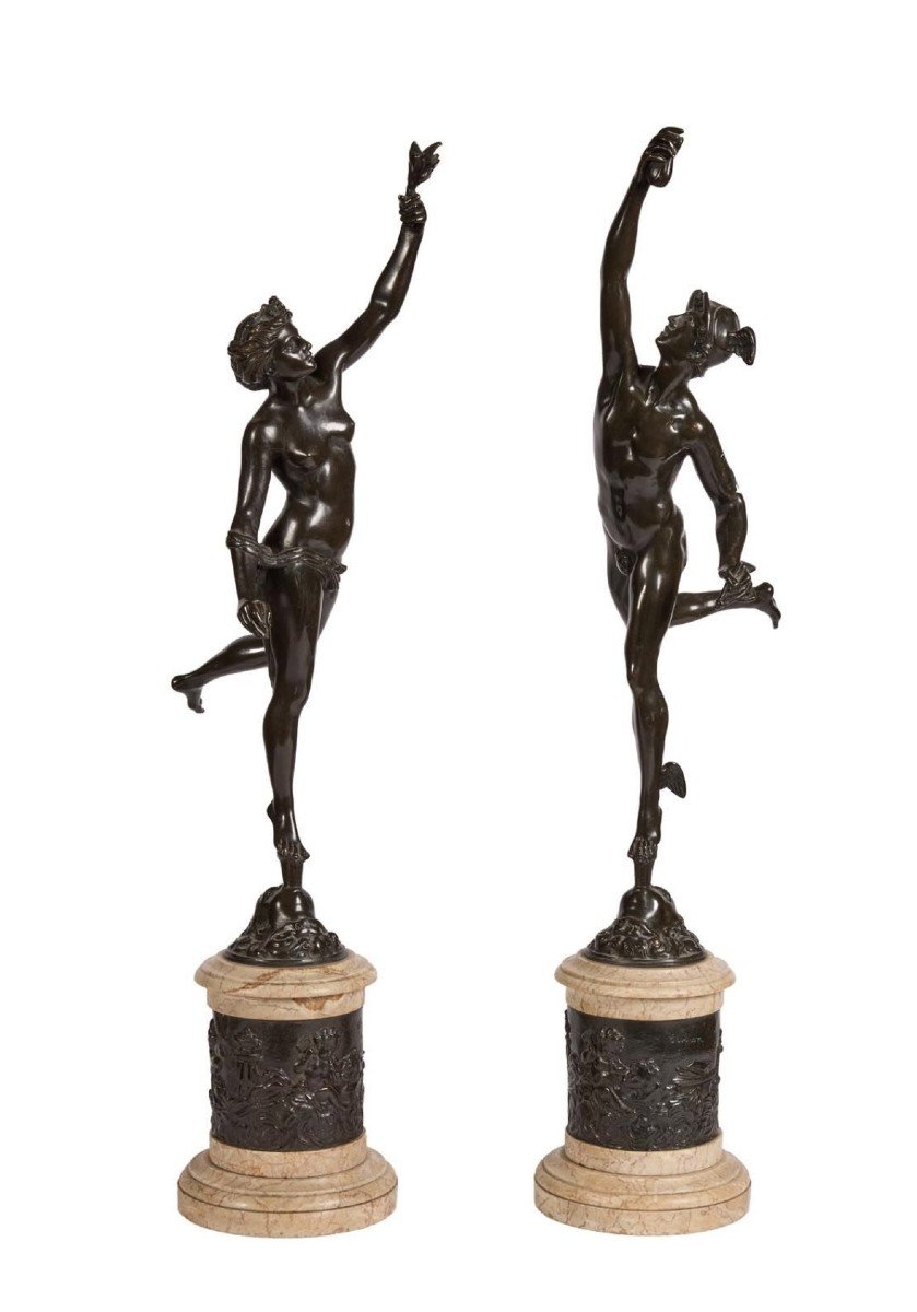 Mercury And Fortune - 19th Century Bronze And Marble Sculptures After Jean De Bologne Clodion