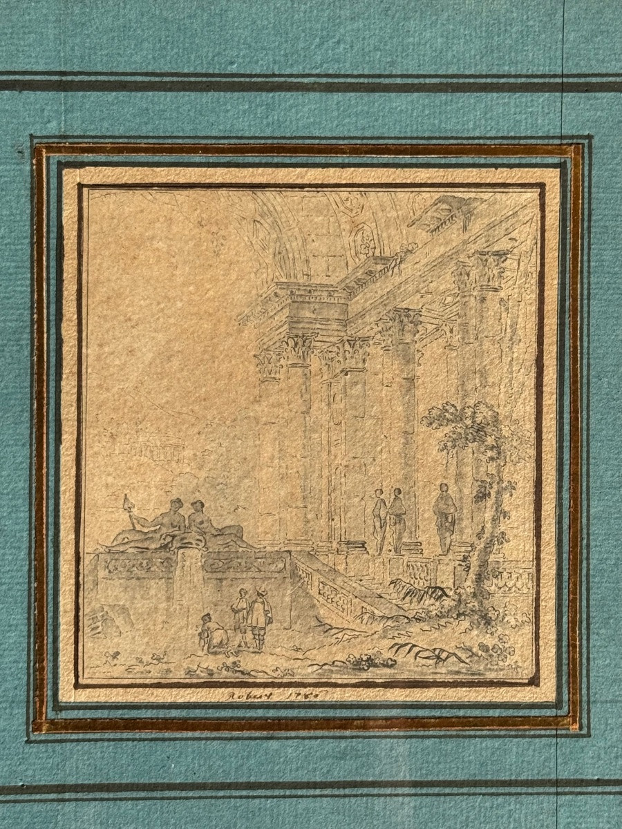 Dessin-ruines Animées-ecole Française Du XVIIIème Siècle-hubert Robert(?)- Antique-photo-3