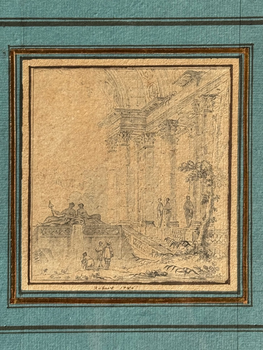 Dessin-ruines Animées-ecole Française Du XVIIIème Siècle-hubert Robert(?)- Antique