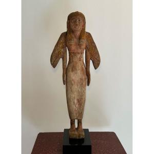 Statuette Funéraire d'Isis En Bois Enduit Polychrome égypte Basse époque Archéologie Antique