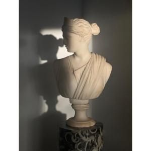 Marble Bust Sculpture On Pedestal Representing Draped Diana, Antique-19th Century