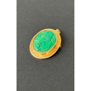 Brooch Pendant Gold Adorned Cameo Malachite Profile Portrait Man Hephaestus Greek God