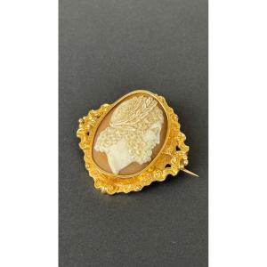 Broche en Or 18k avec un Camée Coquille présentant le Profil Portrait d'un Dieu Grec