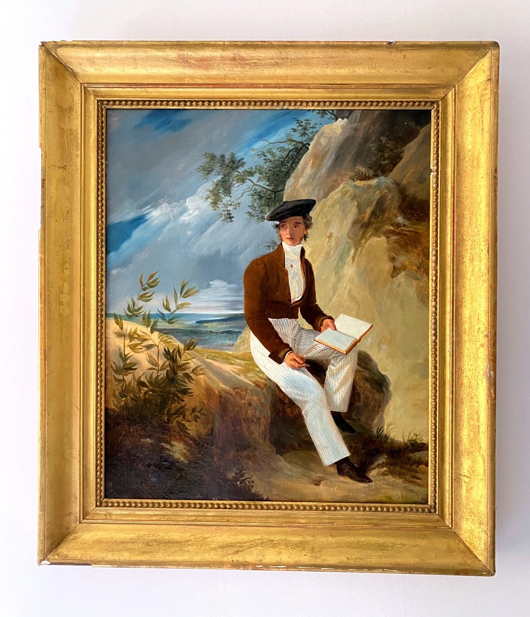 Portrait Homme Romantique Paysage Voyage En Italie Tableau Huile XIXe 