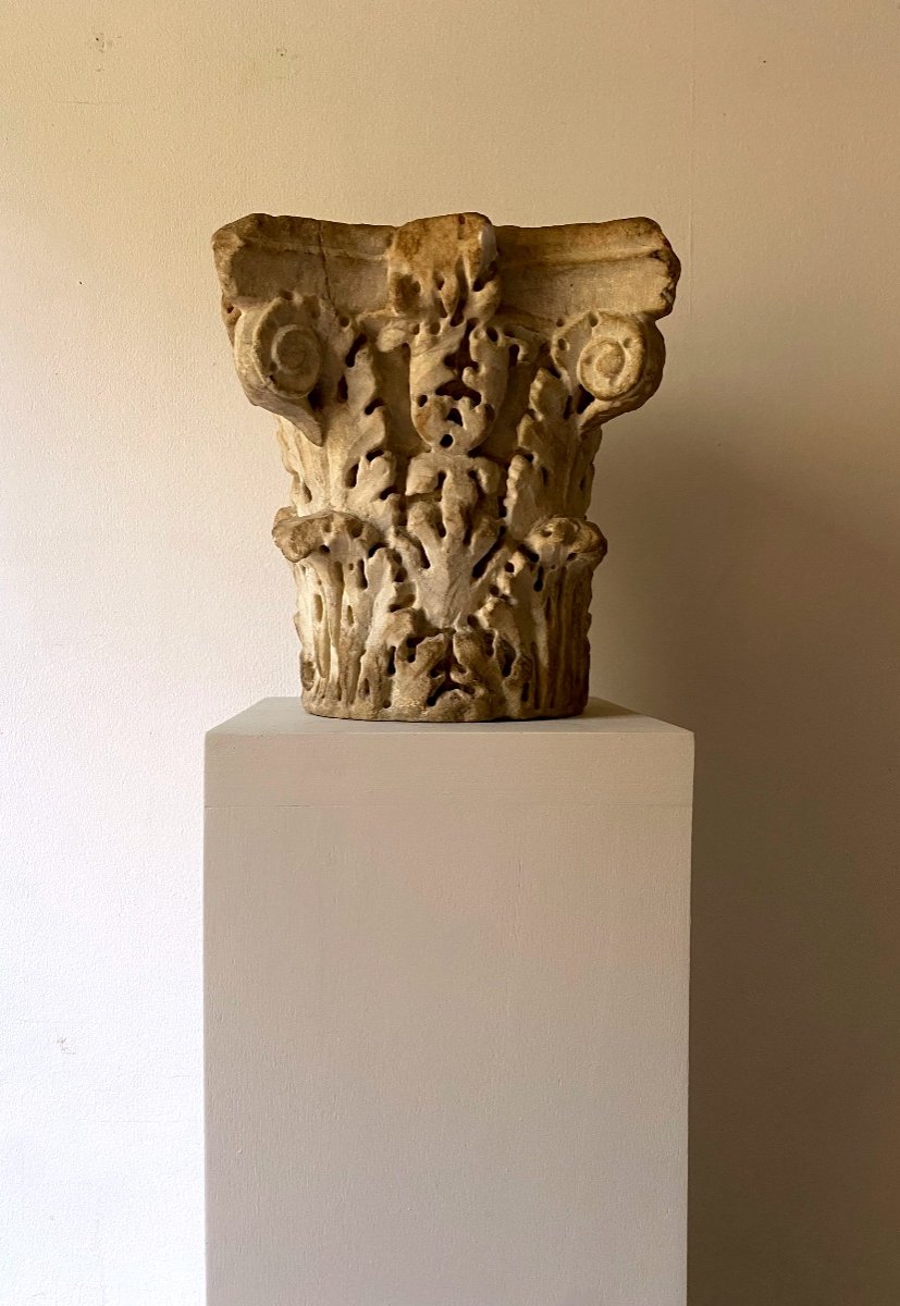 Corinthian Roman Capital Iie-iiie . Carrara Marble Italy Ancient Architectural Element