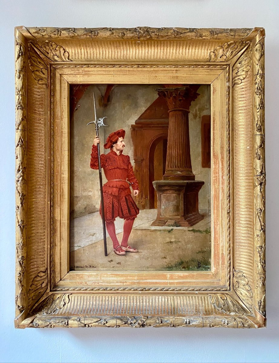 Portrait Homme En Arme & Costume De Cérémonie Renaissance De La Garde Suisse Vatican Rome XIX