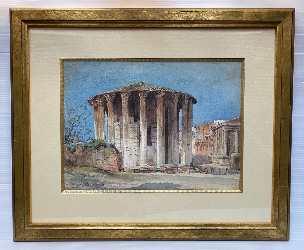 Temple Of Hercules Rome Drawing Watercolor Ancient Roman Architecture Signed Henri Laffillée 1883-photo-2