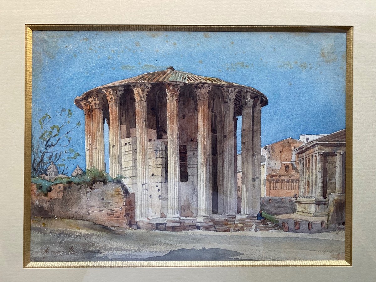 Temple Of Hercules Rome Drawing Watercolor Ancient Roman Architecture Signed Henri Laffillée 1883-photo-3