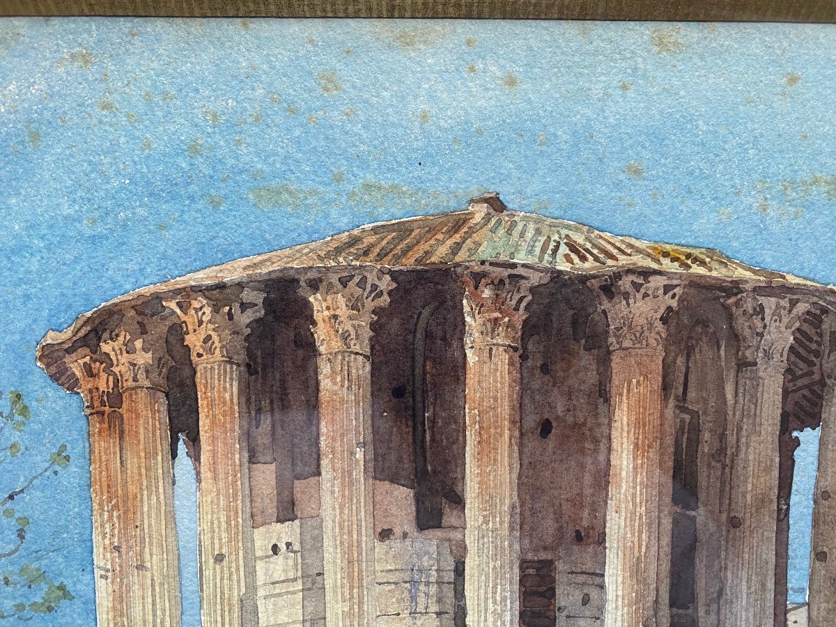 Temple Of Hercules Rome Drawing Watercolor Ancient Roman Architecture Signed Henri Laffillée 1883-photo-4