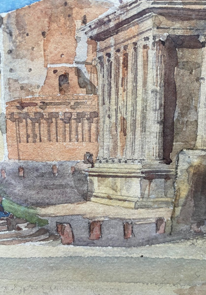 Temple Of Hercules Rome Drawing Watercolor Ancient Roman Architecture Signed Henri Laffillée 1883-photo-1