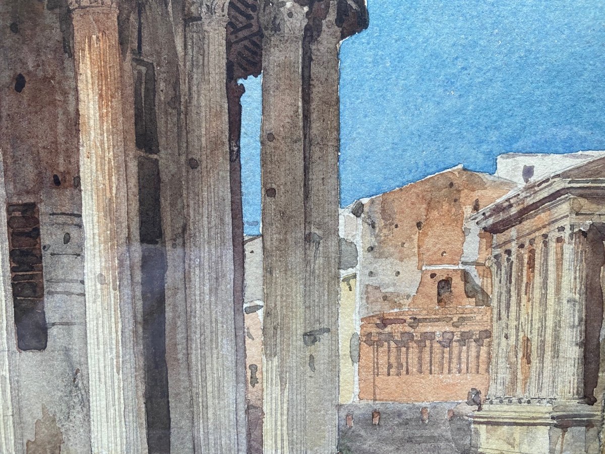 Temple Of Hercules Rome Drawing Watercolor Ancient Roman Architecture Signed Henri Laffillée 1883-photo-2