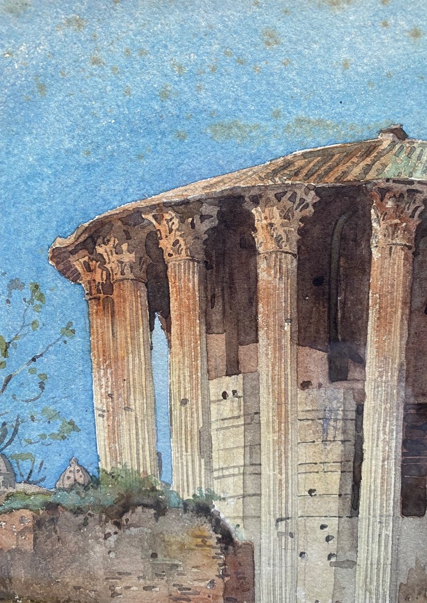 Temple Of Hercules Rome Drawing Watercolor Ancient Roman Architecture Signed Henri Laffillée 1883-photo-3